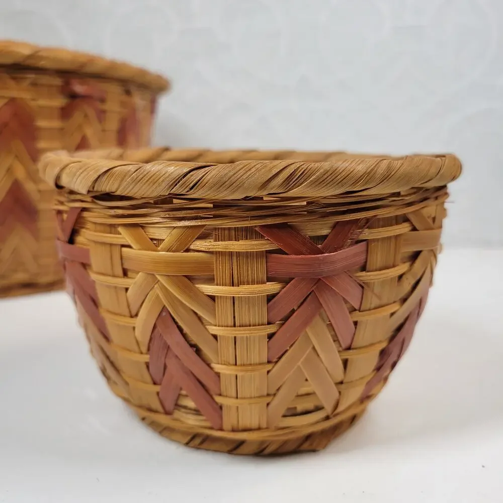 6 VTG Nesting Wicker Baskets Tan Brown Woven Chevron Boho Baskets Cottage Core